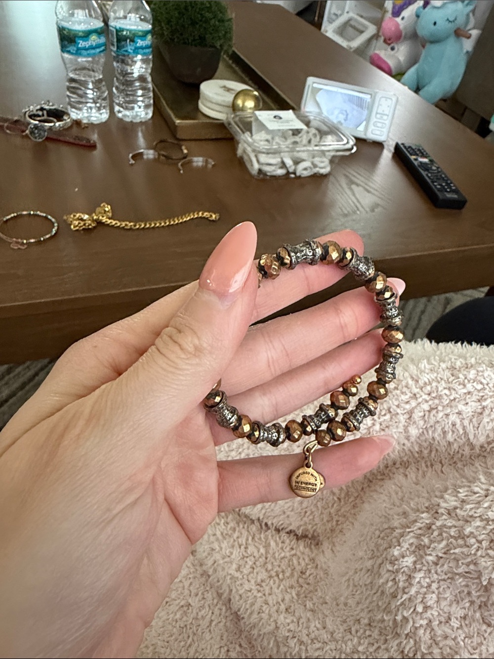 Alex and Ani Gold and Gray Beaded Stretch Bracelet with Charm